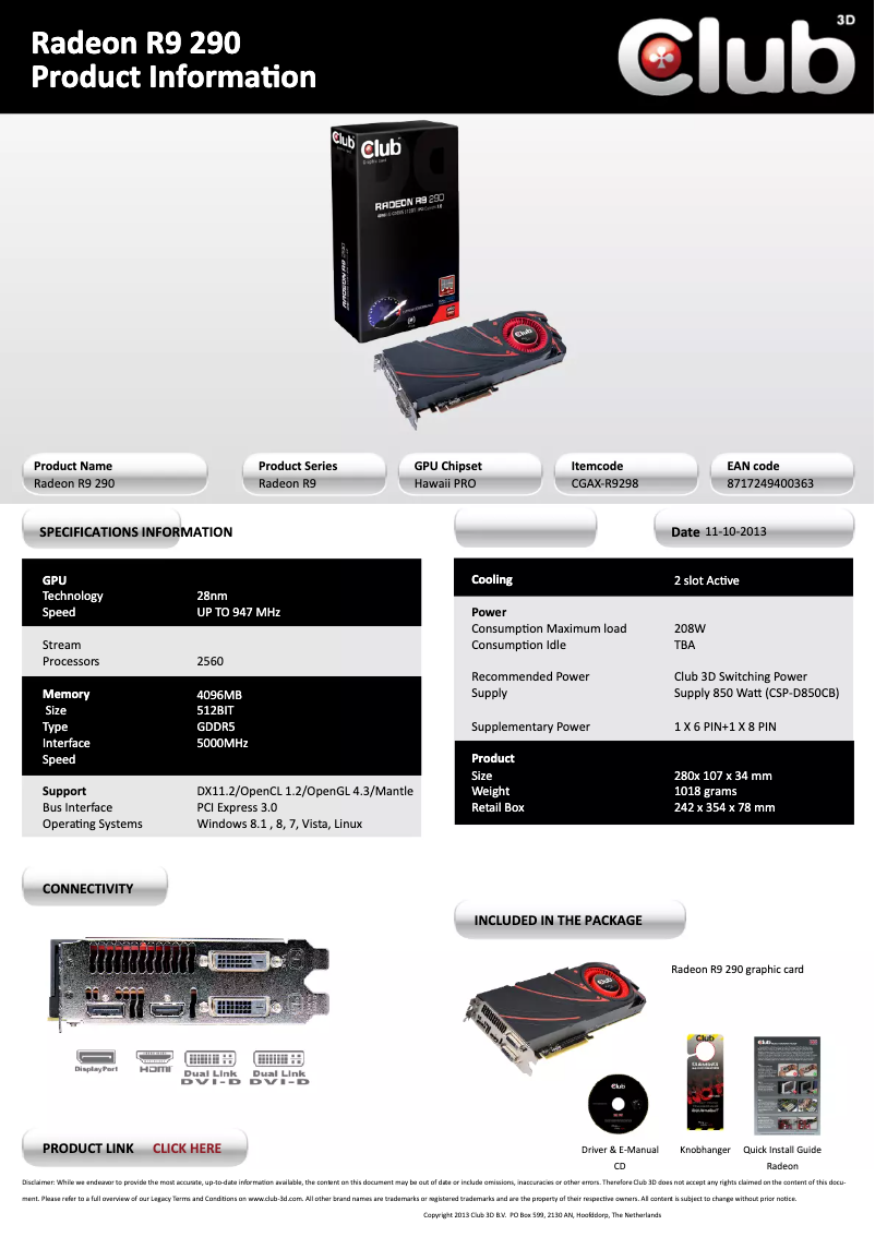Page 1 de la notice Manuel utilisateur CLUB3D Radeon R9 290