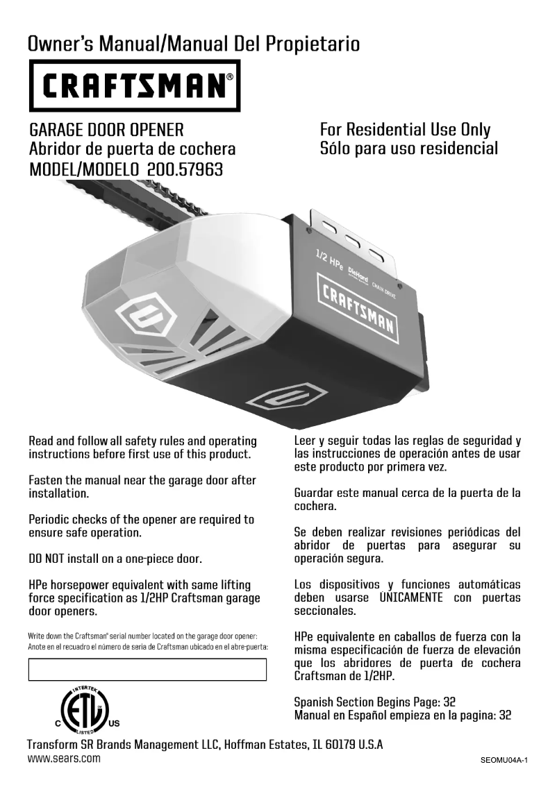 Page 1 of the manual User Manual Craftsman 57963
