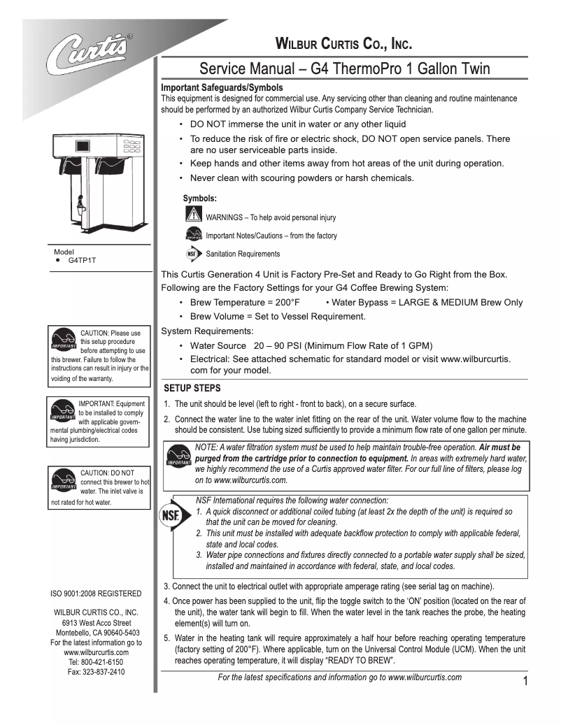 Page 1 of the manual User Manual Wilbur Curtis G4TP 3T