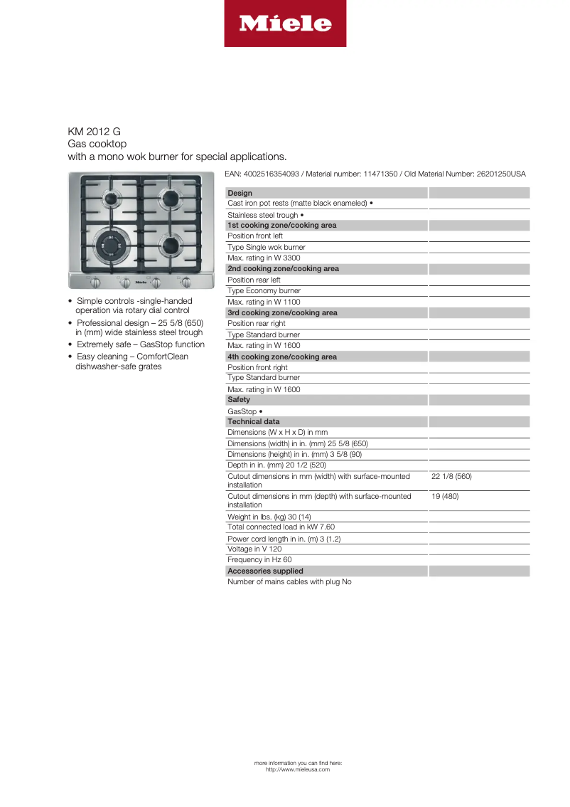 Page 1 of the manual Technical Sheet Miele KM 2012 G