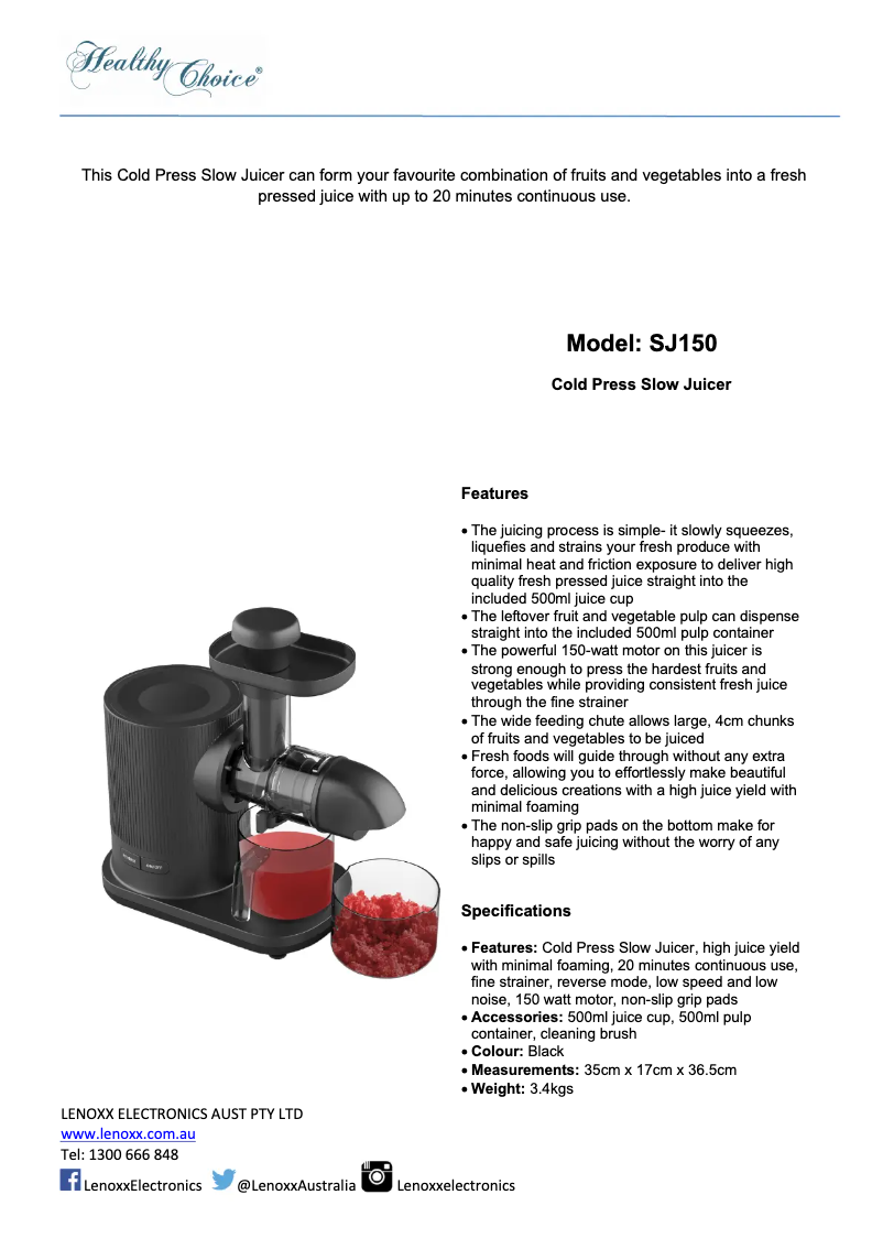 Page 1 of the manual Technical Sheet Healthy Choice SJ150