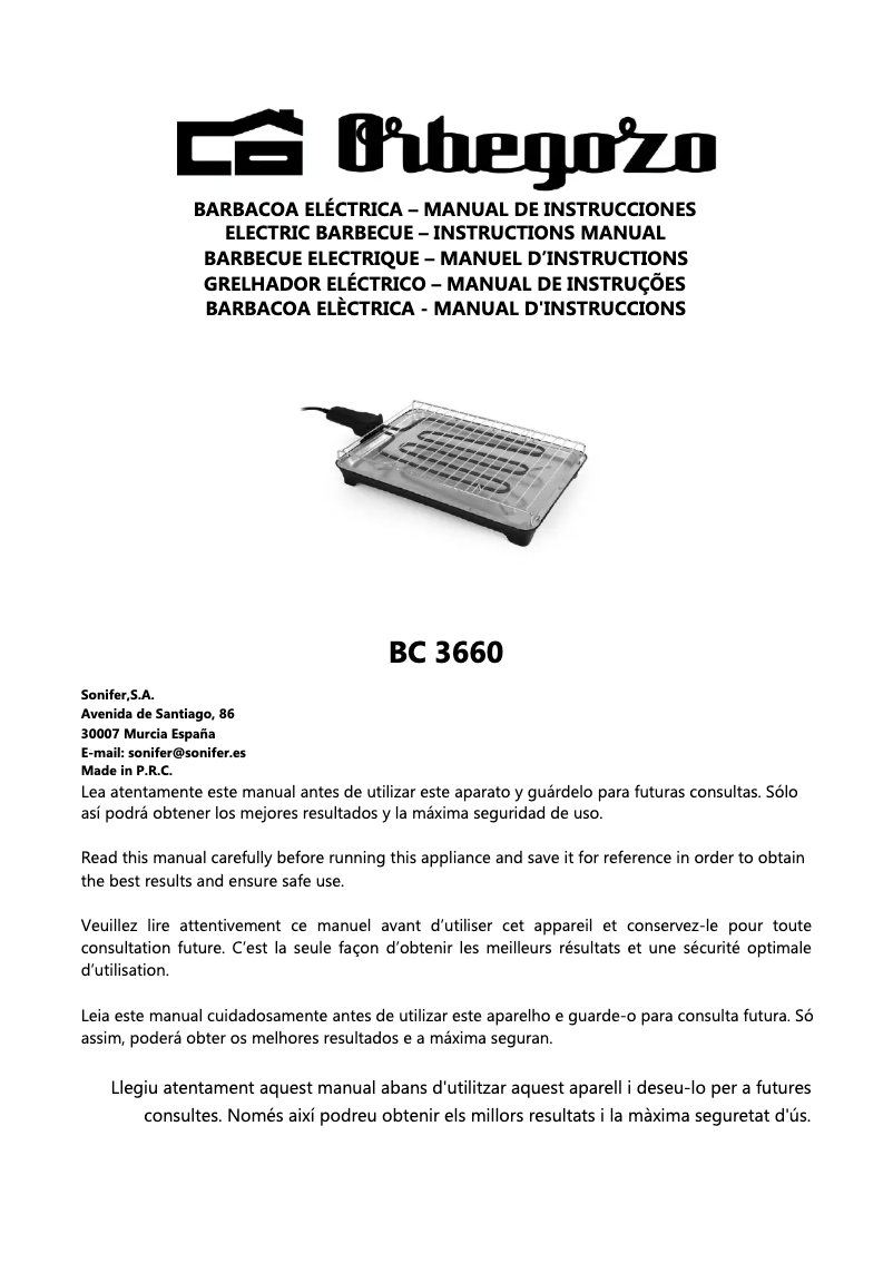 Page 1 of the manual User Manual Orbegozo BC 3660
