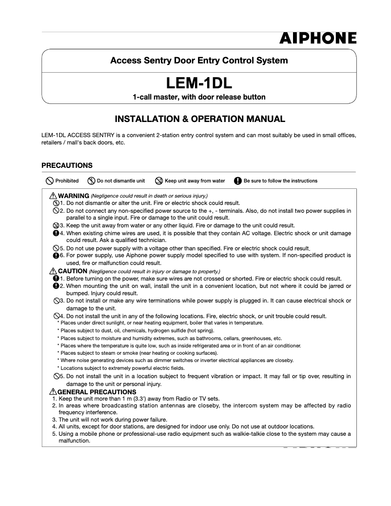 Page 1 of the manual User Manual Aiphone LEM-1DL