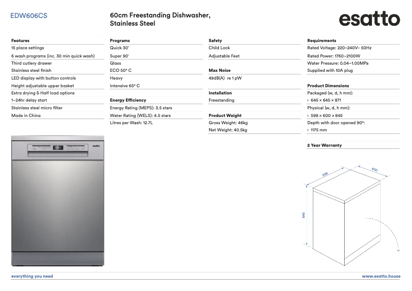 Page 1 of the manual Technical Sheet Esatto EDW606CS