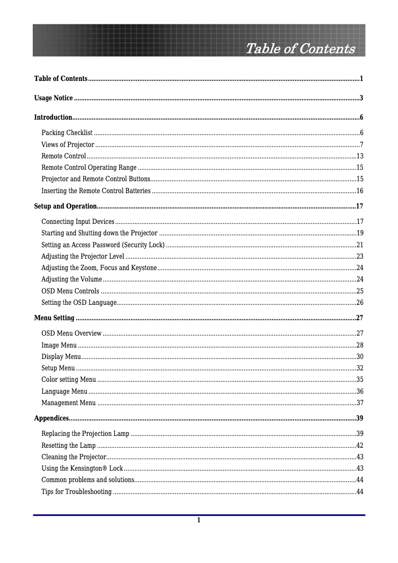 Page 1 of the manual User Manual Optoma EP774