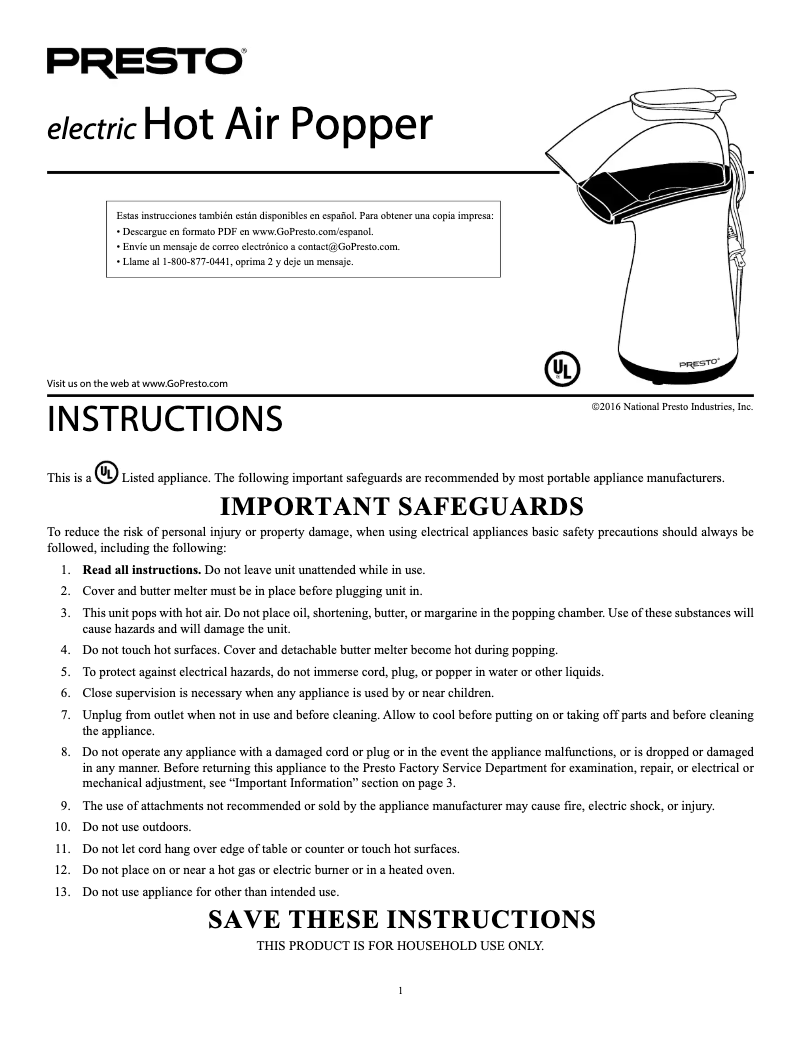 Page 1 of the manual User Manual Presto Hot Air Popper 04820