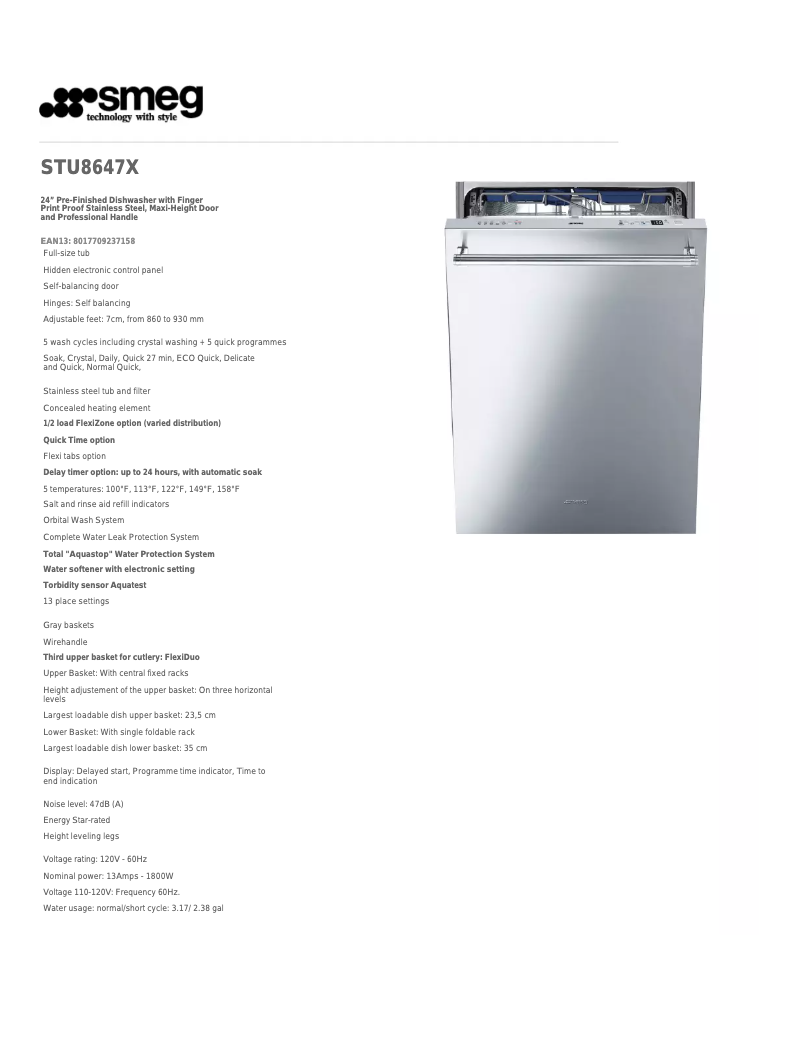 Page 1 of the manual Technical Sheet Smeg STU8647X