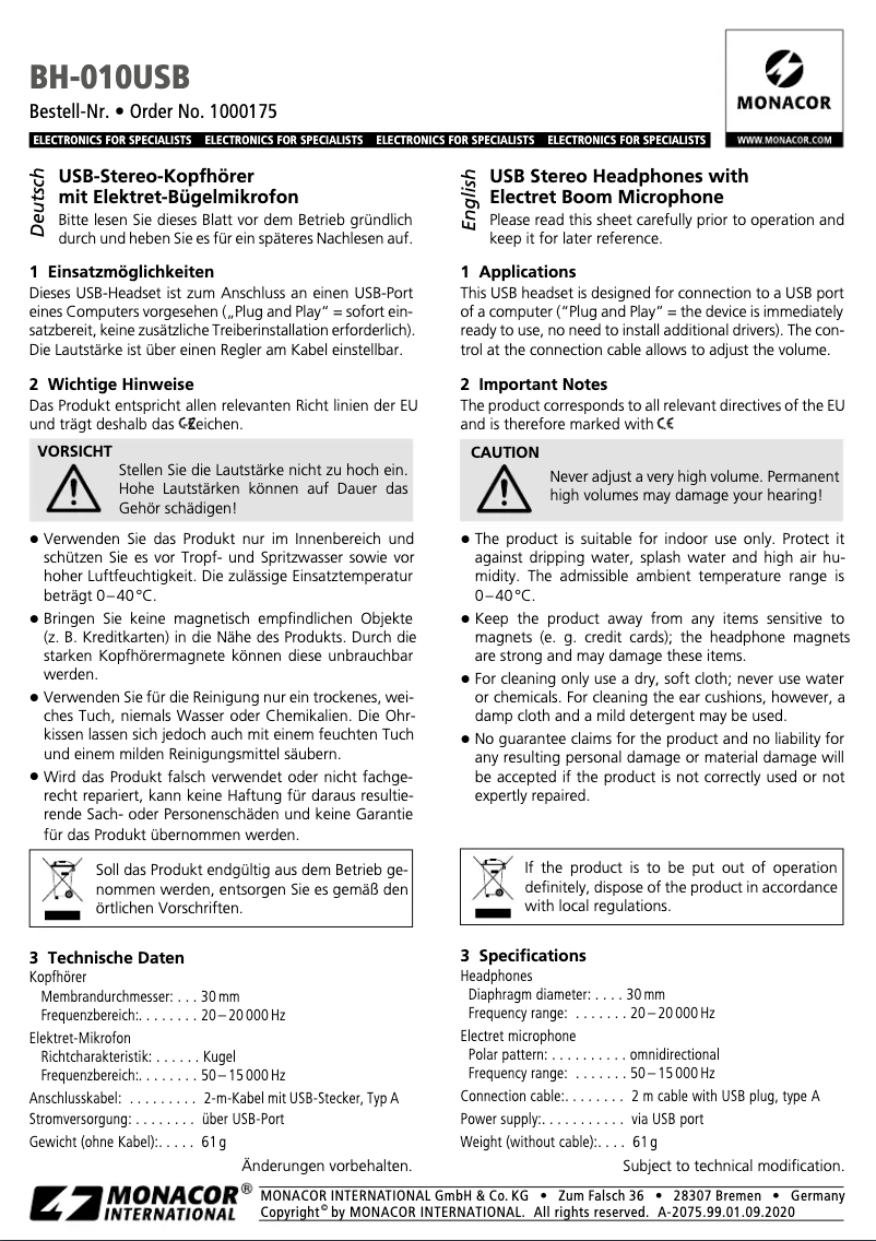 Page 1 of the manual User Manual Monacor BH-010USB