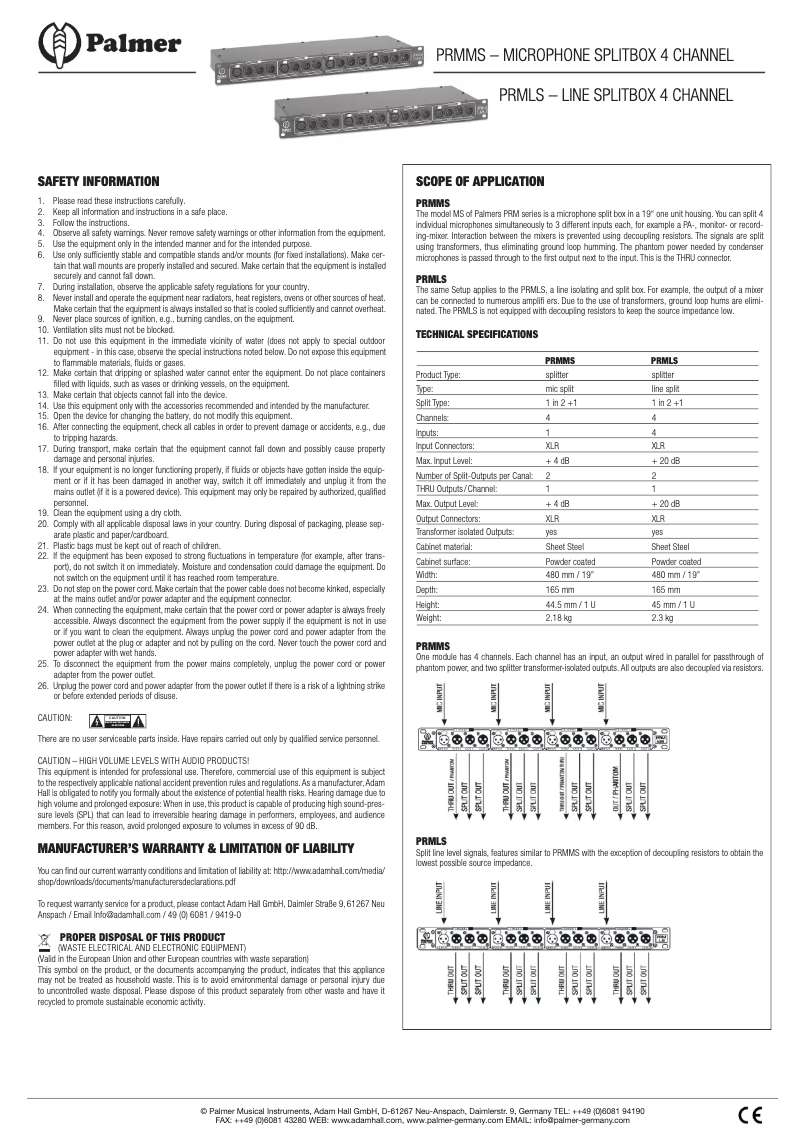 Page 1 of the manual User Manual Palmer PRMLS