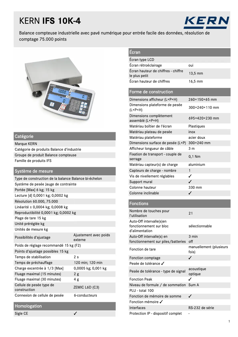 Page 1 of the manual Technical Sheet Kern IFS 10K-4