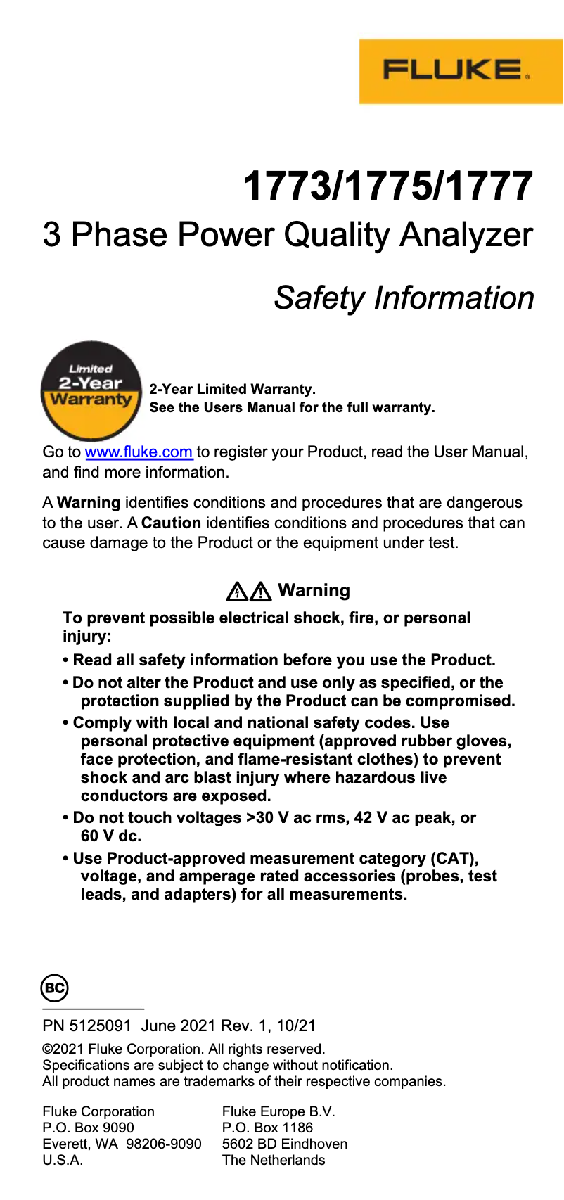 Page 1 of the manual Safety Instructions Fluke 1770