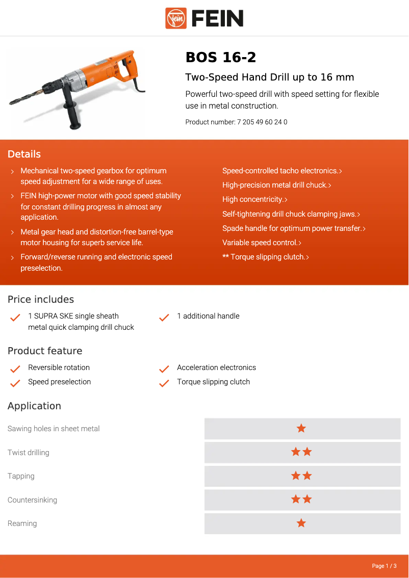 Page 1 of the manual Technical Sheet Fein BOS 16-2