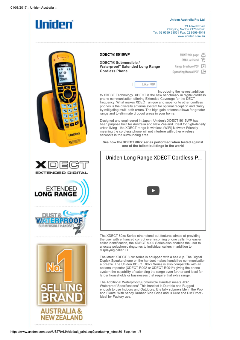Page 1 of the manual User Manual Uniden XDECT 8015WP