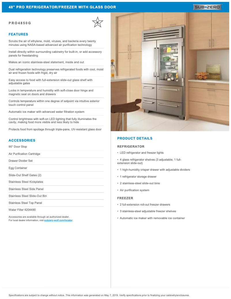Page 1 of the manual Technical Sheet Sub-Zero PRO4850G