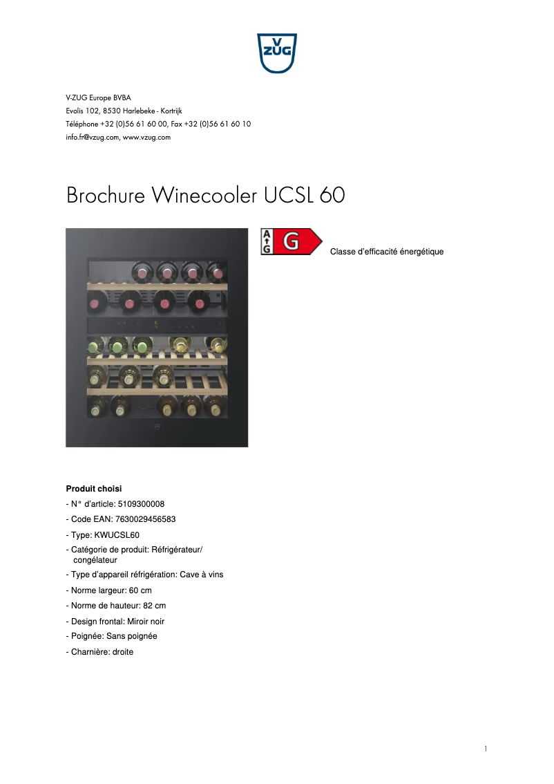 Page 1 of the manual Brochure V-Zug Winecooler UCSL 60