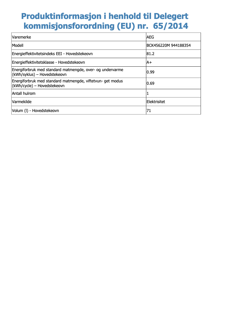 Page 1 of the manual Technical Sheet AEG BCK456220M