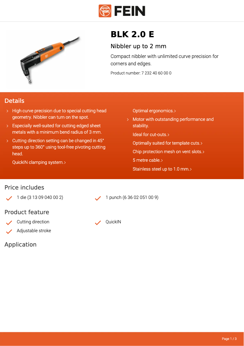 Page 1 of the manual Technical Sheet Fein BLK 2.0 E