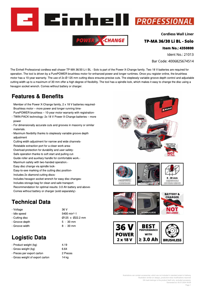 Page 1 of the manual Technical Sheet Einhell TP-MA 36/30 Li BL