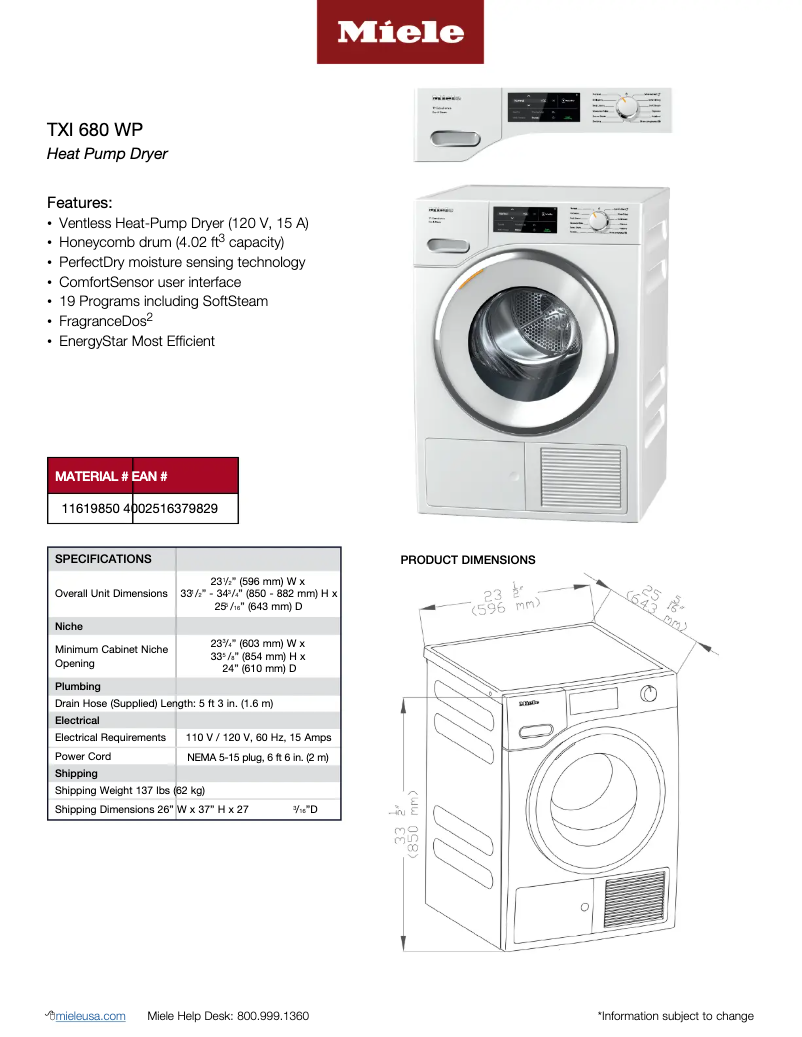 Page 1 of the manual Technical Sheet Miele TXI 680 WP T1