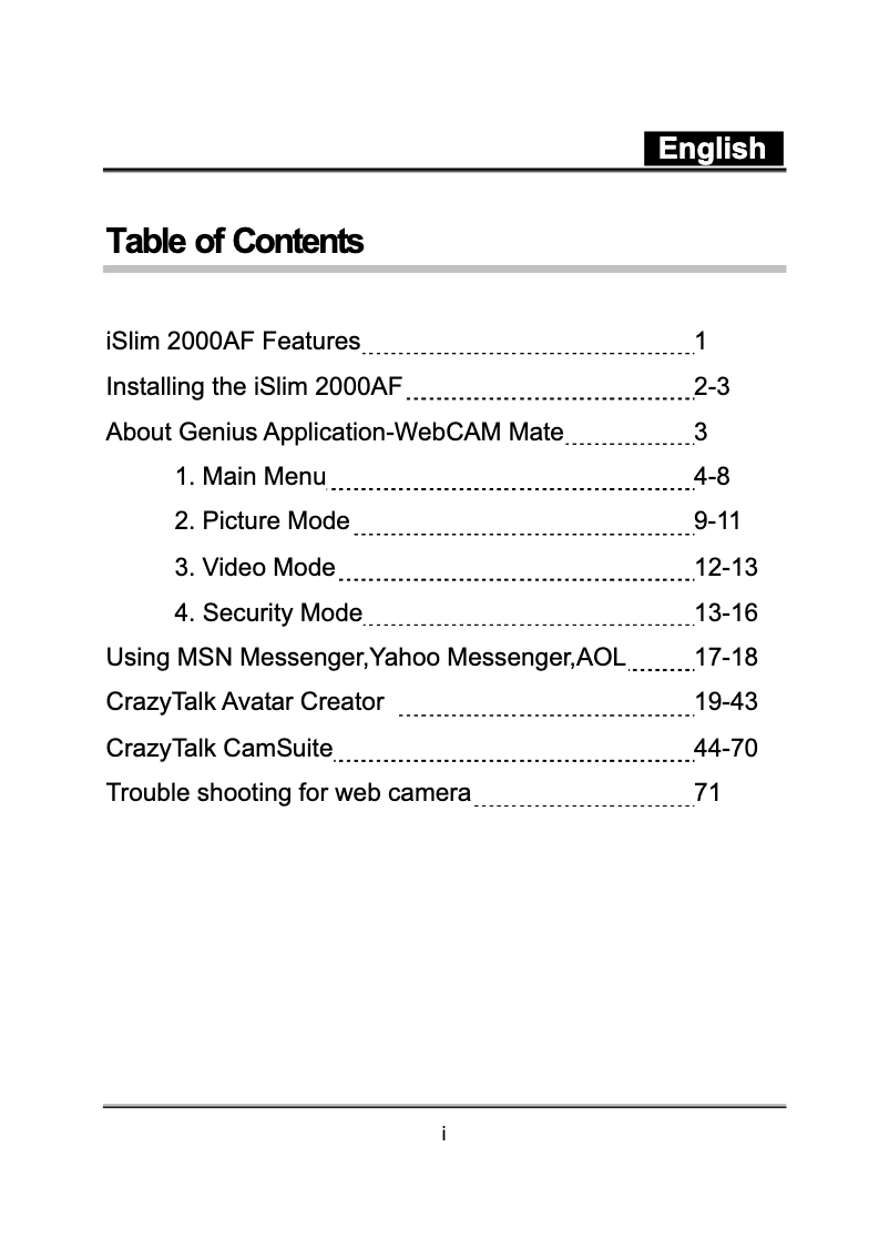 First page image of the manual for iSlim 2000AF