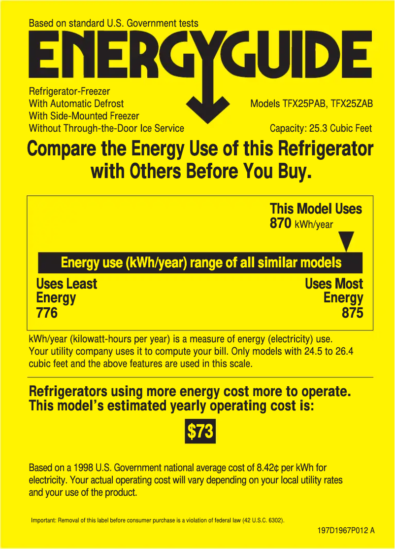 Page 1 of the manual Energy Label GE TFX25ZABWW