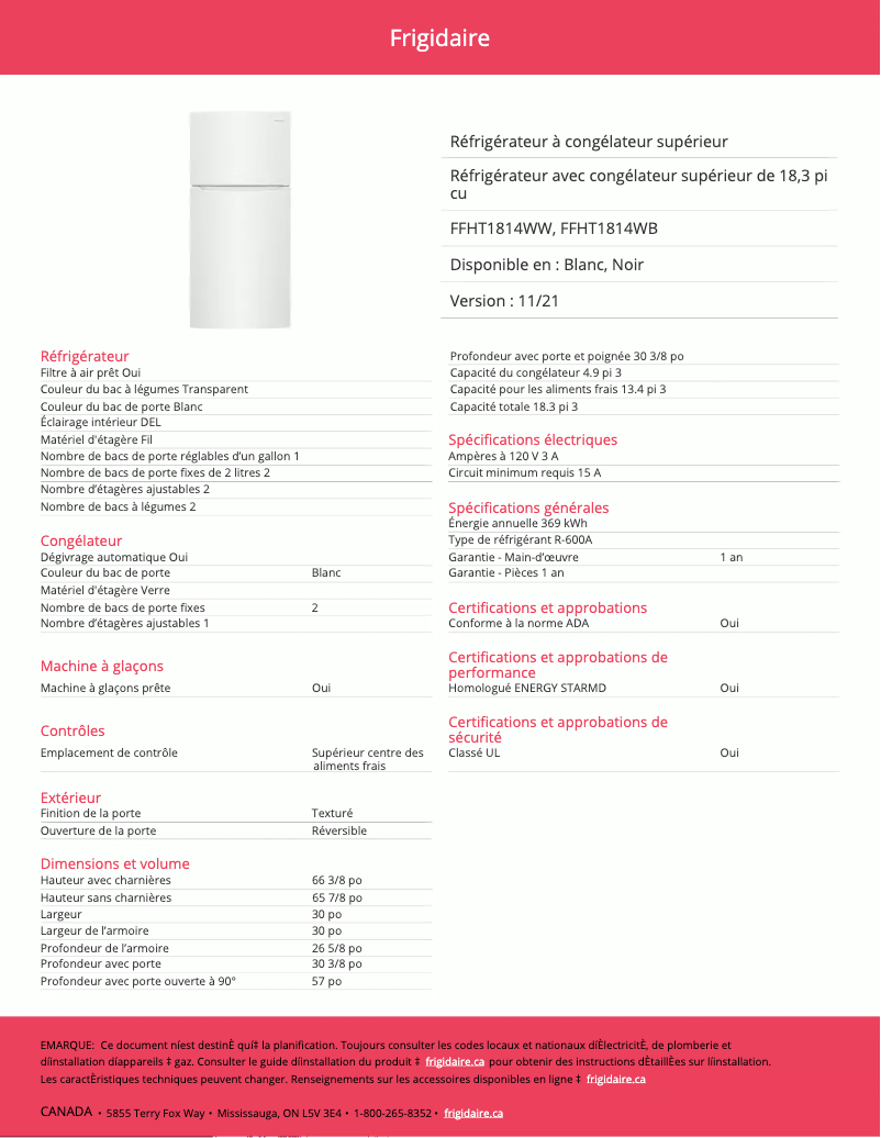 Page 1 of the manual Technical Sheet Frigidaire FFHT1814WW