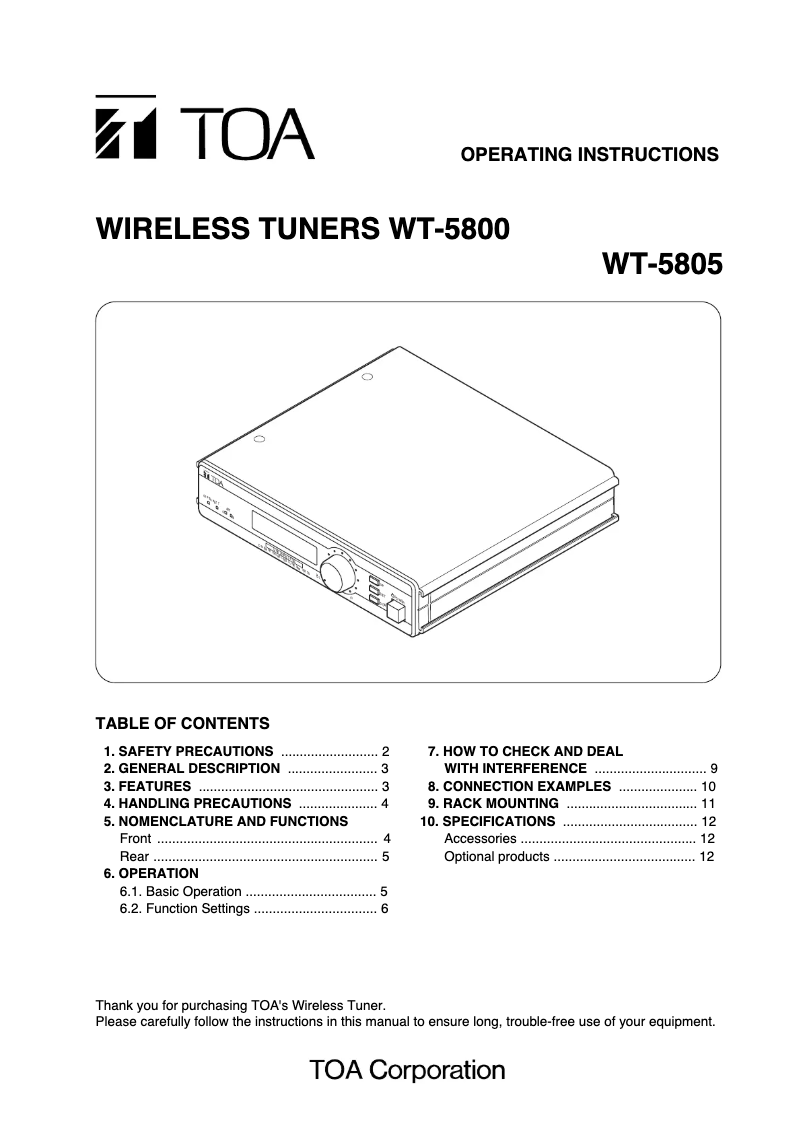 Page 1 de la notice Manuel utilisateur TOA WT-5805