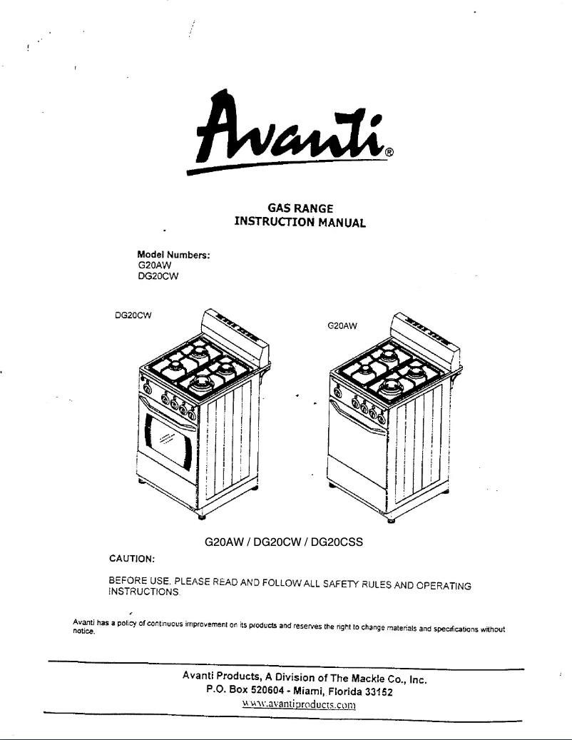 First page image of the manual for DG20CW