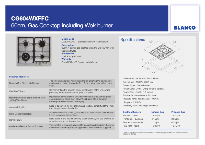 Page 1 of the manual Technical Sheet BLANCO CG604WXFFC