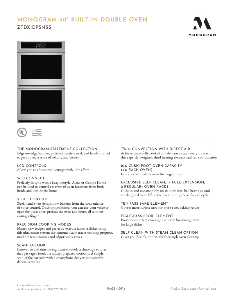 Page 1 of the manual Technical Sheet Monogram ZTDX1DPSNSS