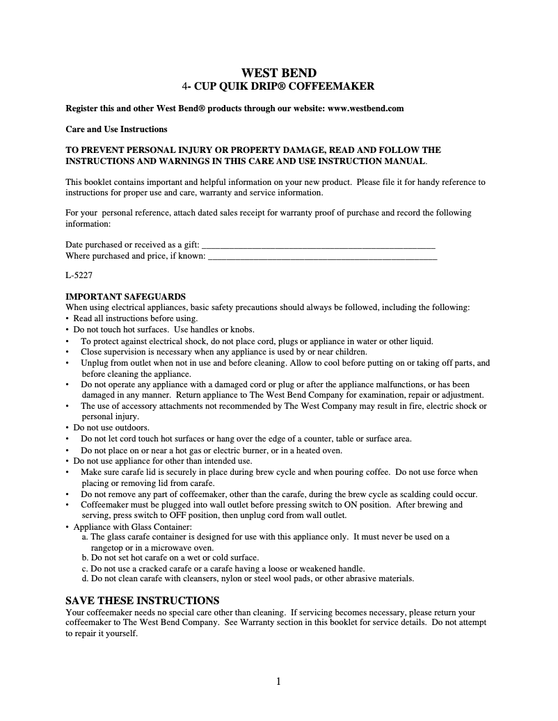 Page 1 of the manual User Manual WestBend 56614