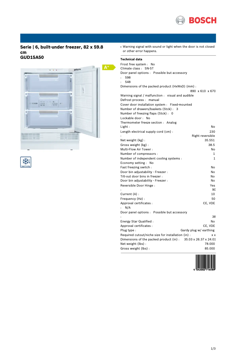 Page 1 of the manual Technical Sheet Bosch GUD15A50