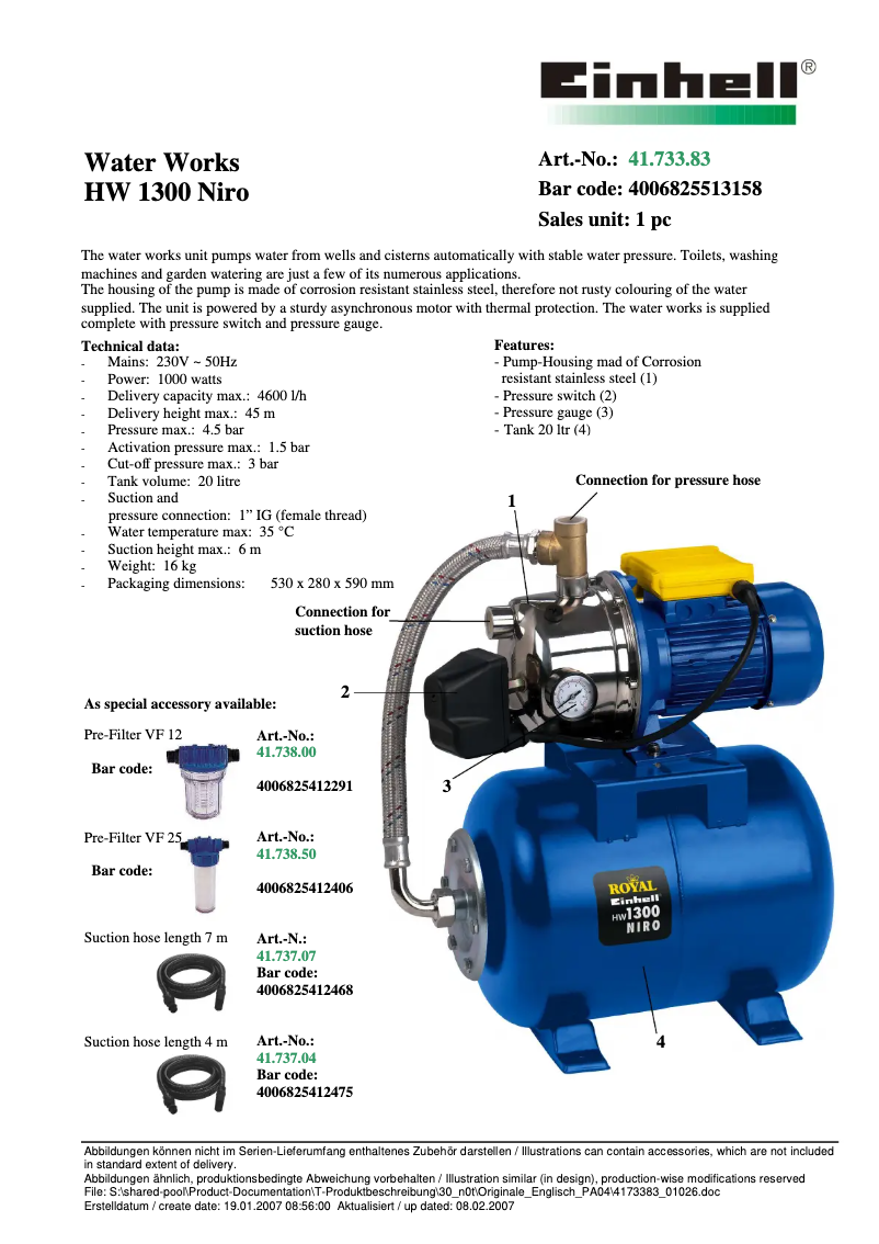 First page image of the manual for Royal HW 1300 Niro