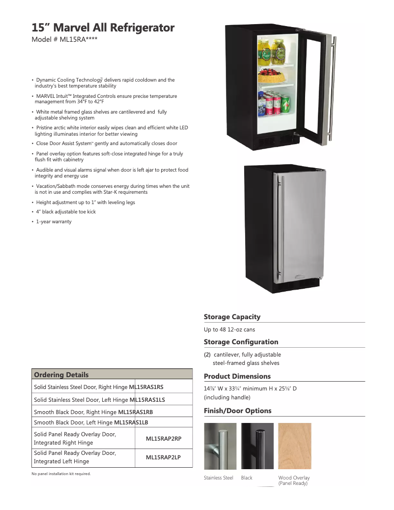 Page 1 of the manual Technical Sheet Marvel ML15RAS1RS