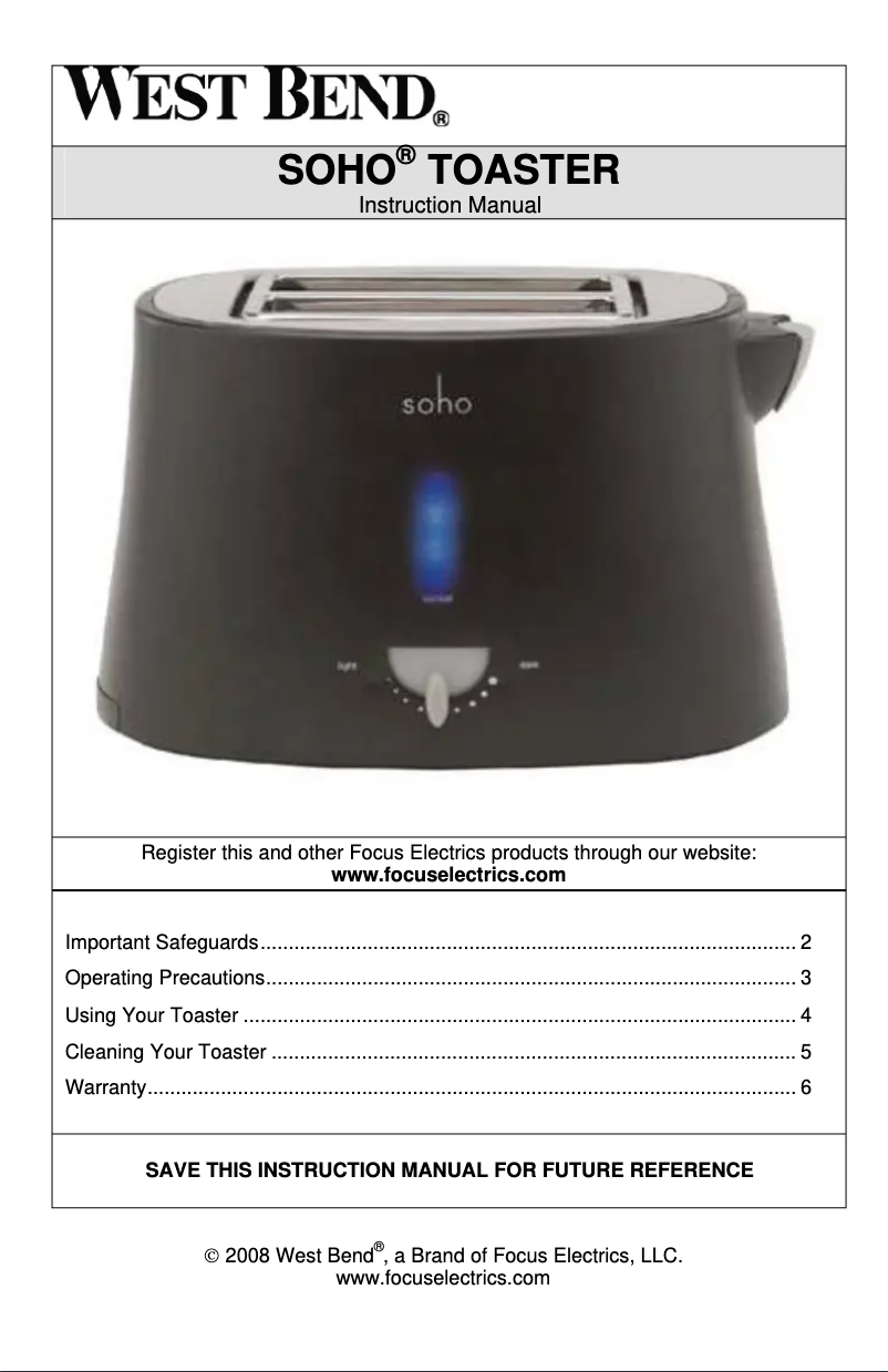 Page 1 de la notice Manuel utilisateur WestBend SHTR100