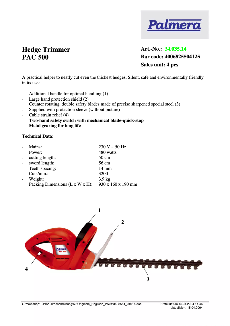 Page 1 of the manual Technical Sheet Palmera PAC 500