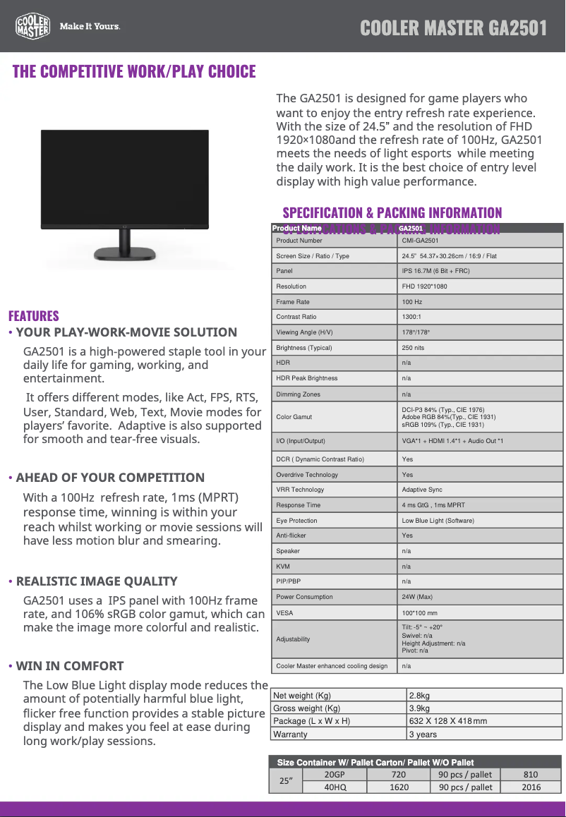 Page 1 of the manual Technical Sheet Cooler Master GA2501