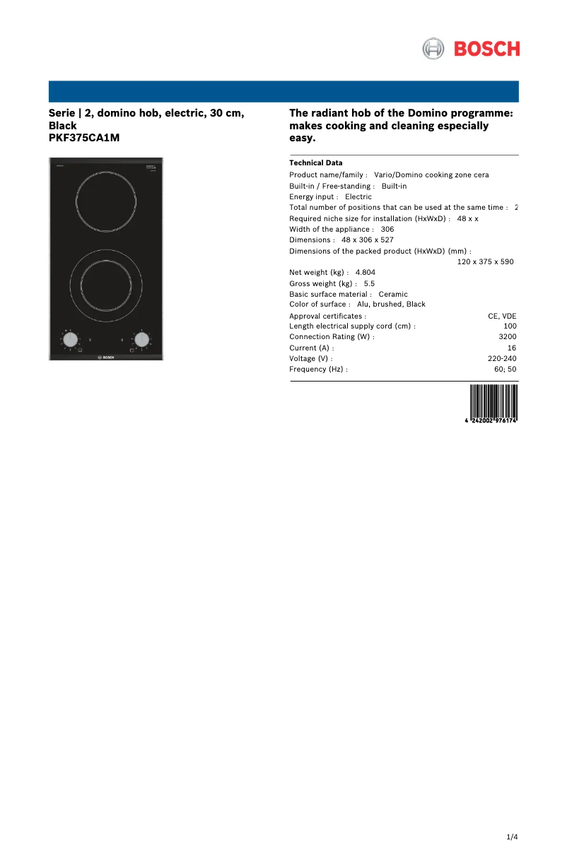 Page 1 of the manual Technical Sheet Bosch PKF375CA1M