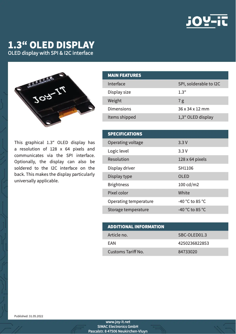 Image de la première page du manuel de l'appareil SBC-OLED01.3