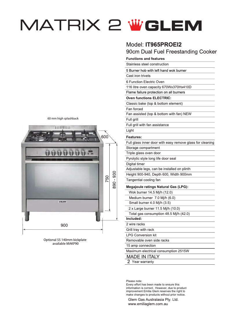 Page 1 of the manual Technical Sheet Glem Gas IT965PROEI2