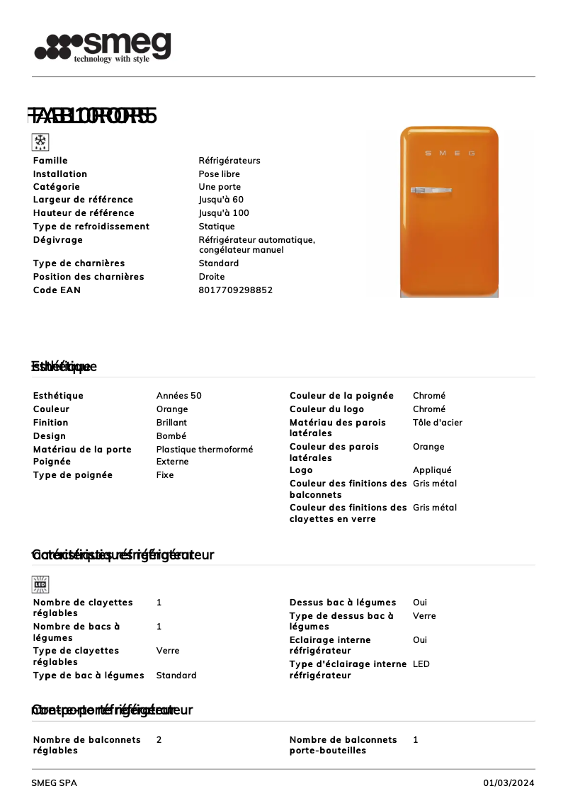 Page 1 of the manual Technical Sheet Smeg FAB10ROR5
