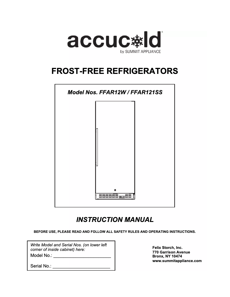 Page 1 of the manual Use and Maintenance Manual Summit Accucold FFAR12W