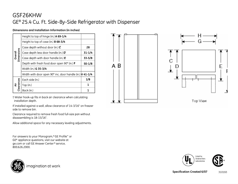 Page 1 of the manual Technical Sheet GE GSF26KHWBB