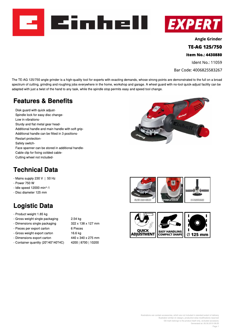 Page 1 of the manual Technical Sheet Einhell TE-AG 125/750