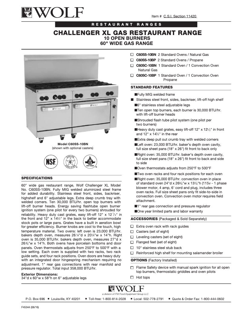Page 1 of the manual Technical Sheet Wolf C60SC-10B