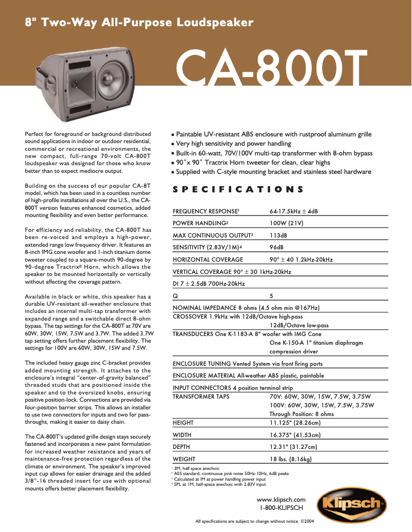 Page 1 of the manual Technical Sheet Klipsch CA-800T