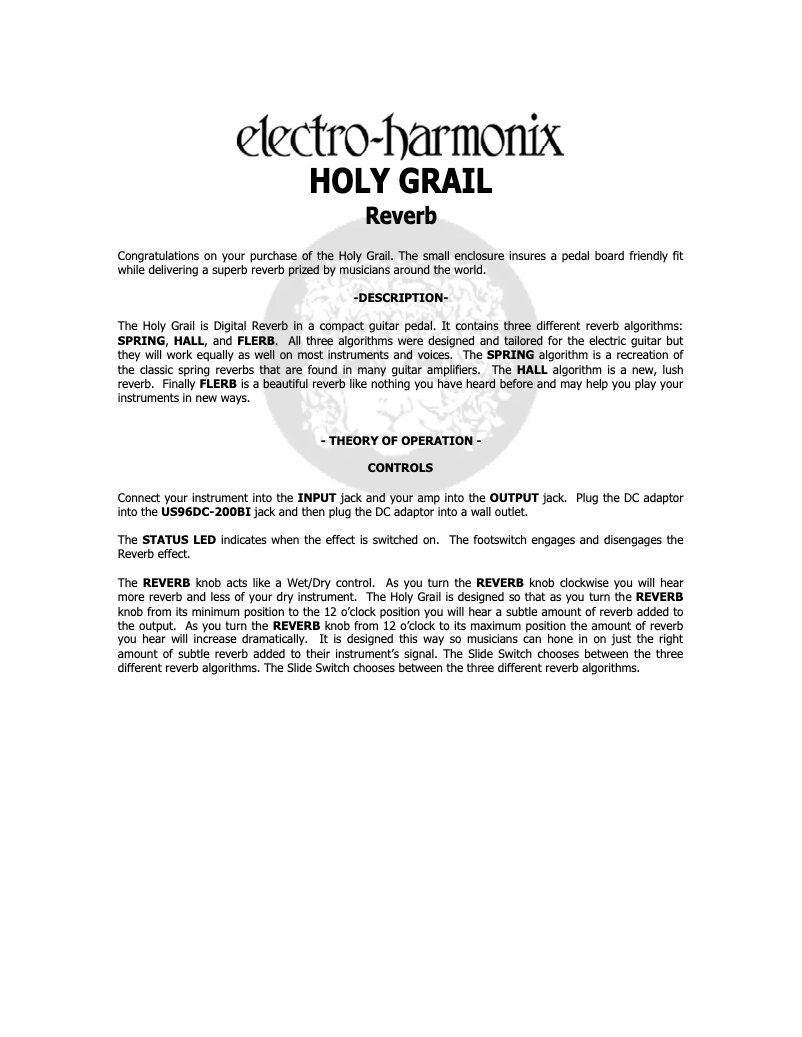 Page 1 of the manual User Manual Electro Harmonix Holy Grail