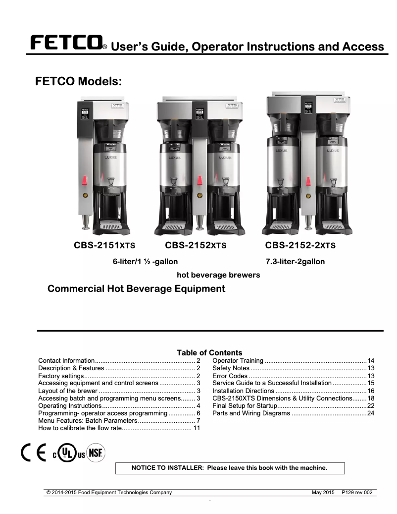 First page image of the manual for CBS-2152XTS2G