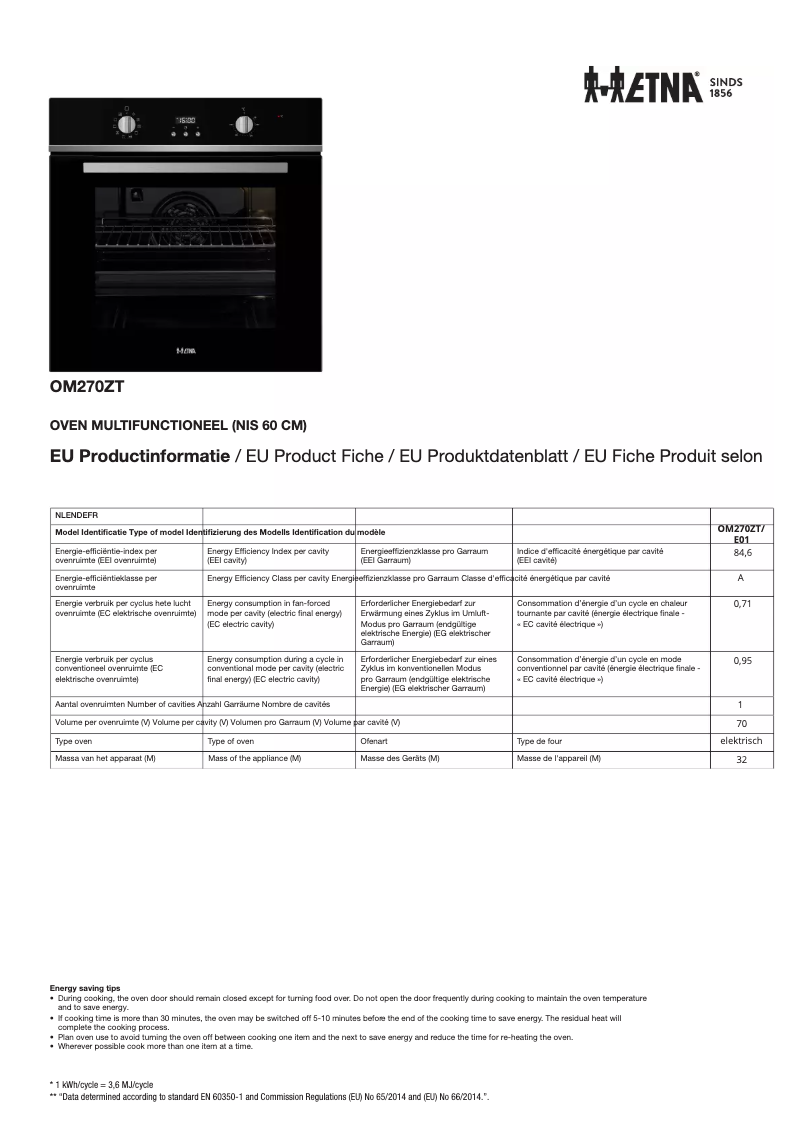 Page 1 of the manual Technical Sheet Etna OM270ZT