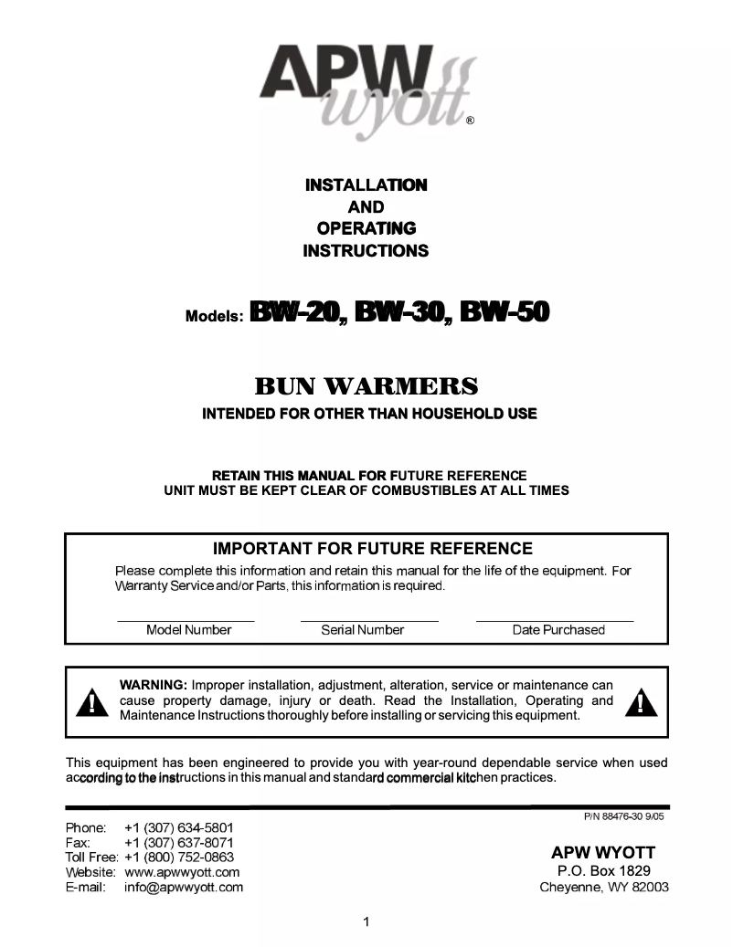 Page 1 of the manual User Manual APW Wyott BW-20